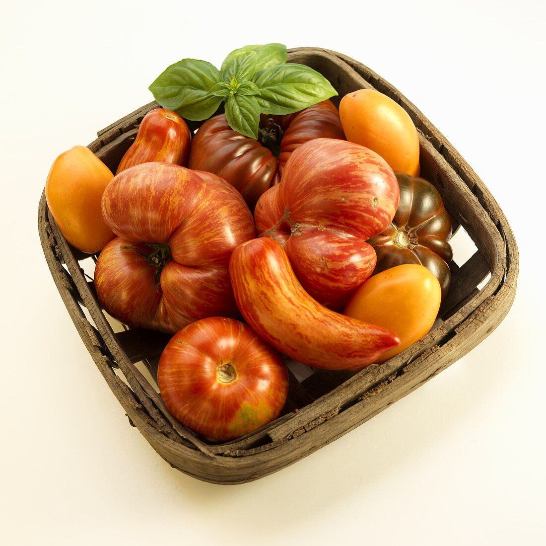 Verschiedene Heirloom-Tomaten im Korb (Vintage Wine, Sweet Orange Roma, Orange Roma Stripe, Chocolate Stripe)