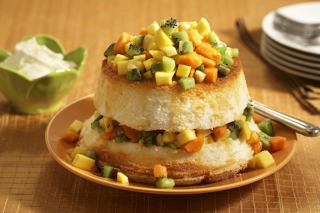 Angel Food Cake Layered with Chopped Tropical Fruit