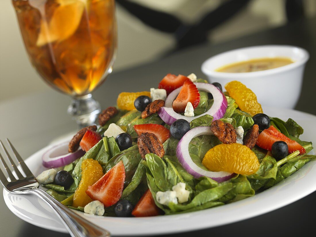 Spinach Salad with Mandarin Oranges, Strawberries, Blueberries and Sweet and Spicy Pecans