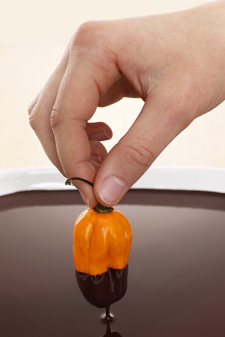 Hand dippt gelbe Chilischote in Schokoladensauce