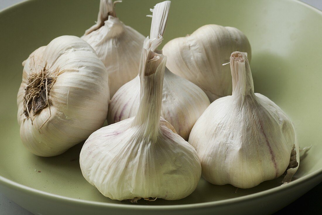 Ganze Knoblauchknollen in einer flachen Schüssel