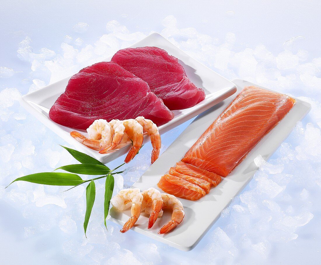 Tuna fish fillets, salmon fillets and shrimp