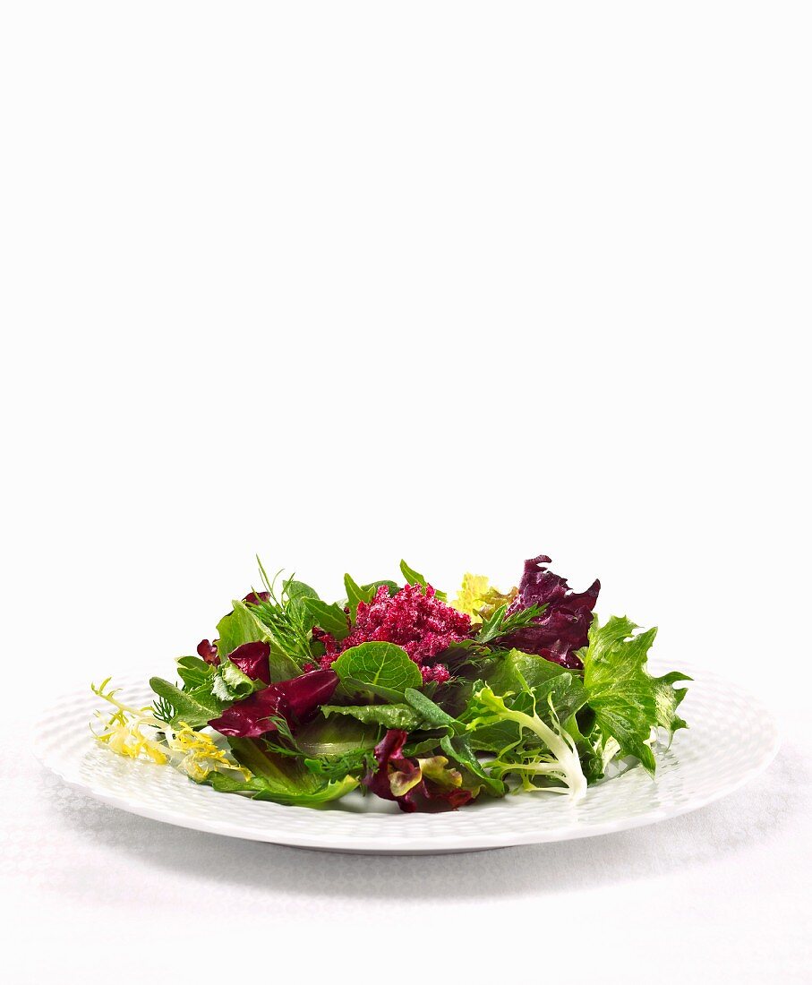 Mixed organic salad garnished with ice beetroot