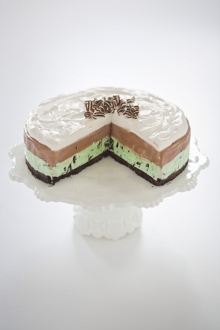 Grasshopper Ice Cream Cake; Layered Mint Chocolate Chip and Chocolate Ice Cream; Slice Removed
