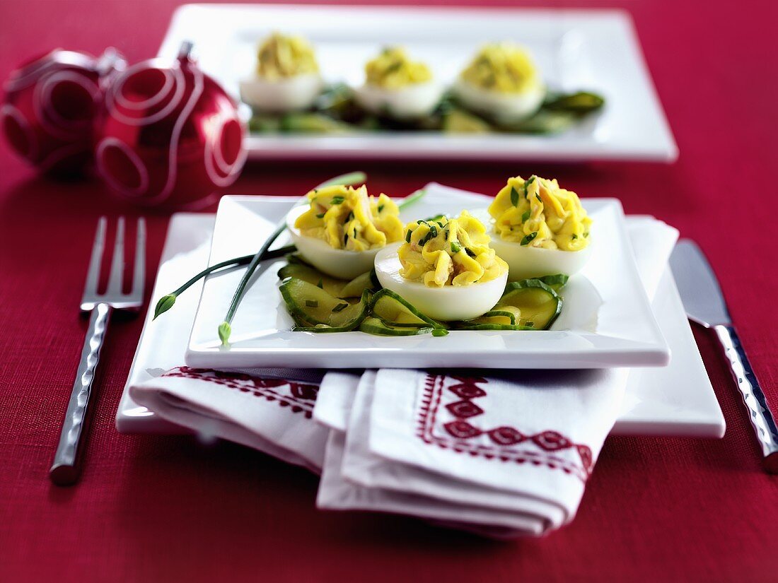 Devilled eggs on cucumber slices