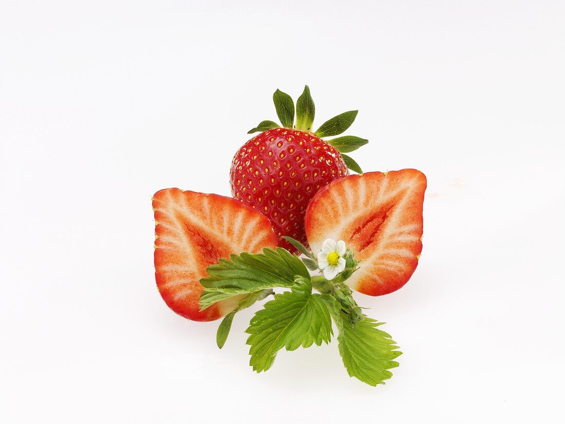 Strawberries with leaf and blossom