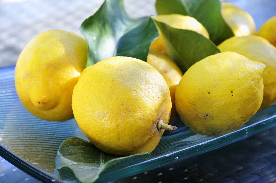 Frische Zitronen mit Blättern auf einer Schale
