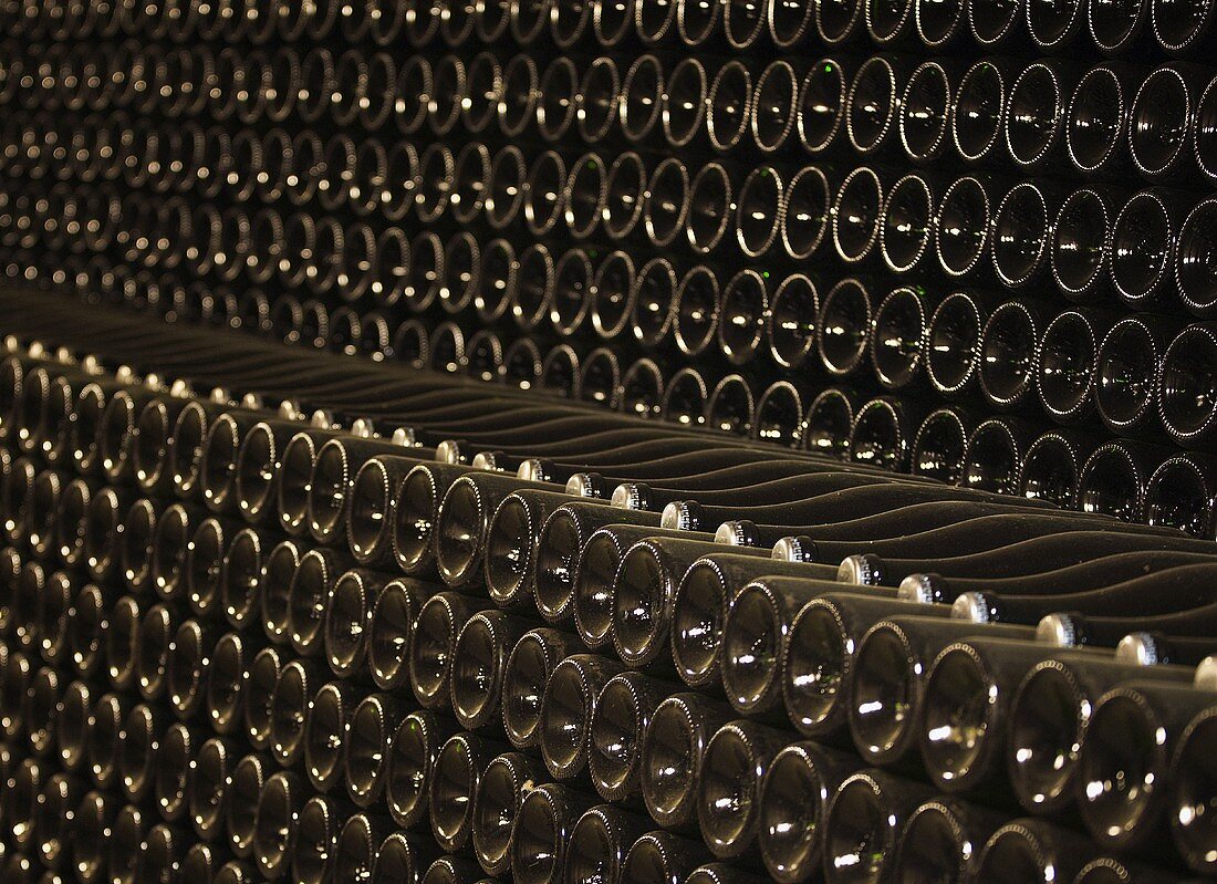 Bottles of wine in a cellar (macro-zoom)
