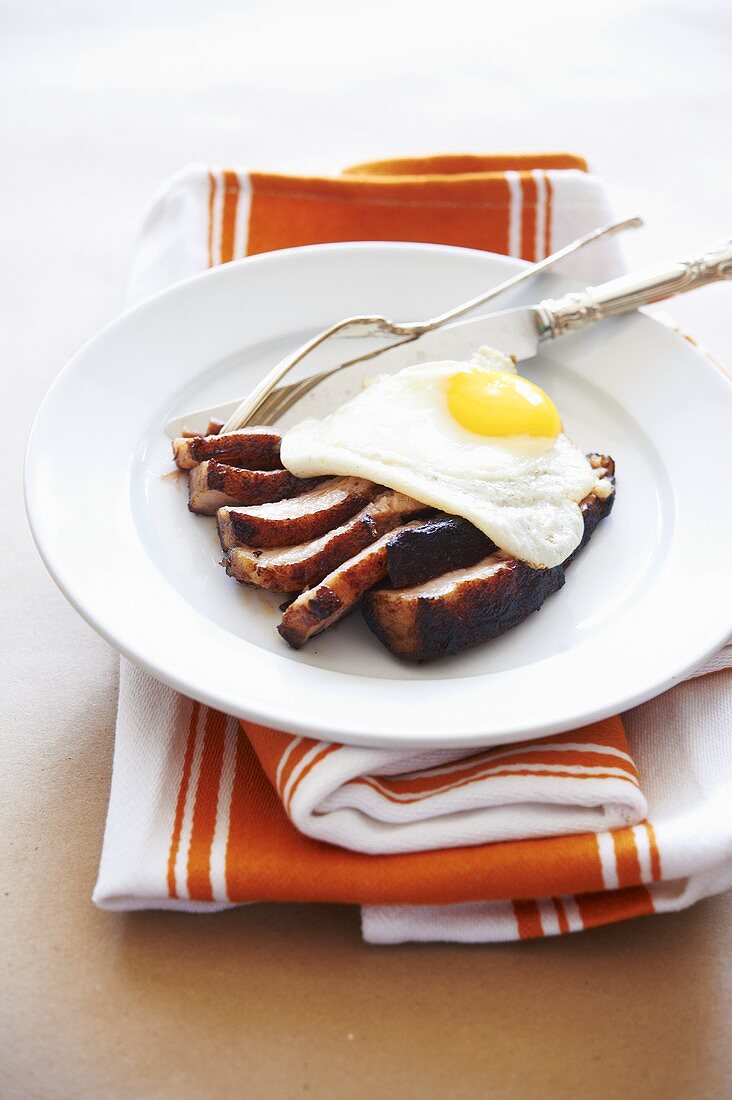 Sliced Roast Pork and Fried Egg Breakfast Plate