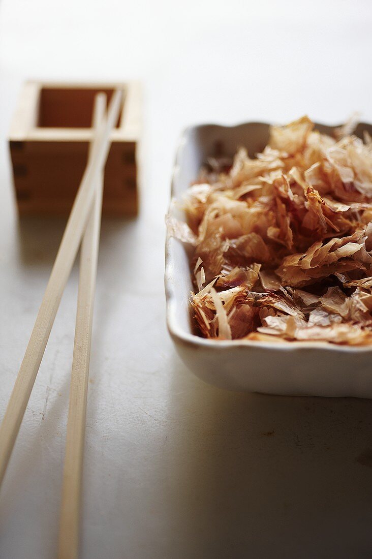 Dried Japanese Bonito Flakes in Asian Bowl