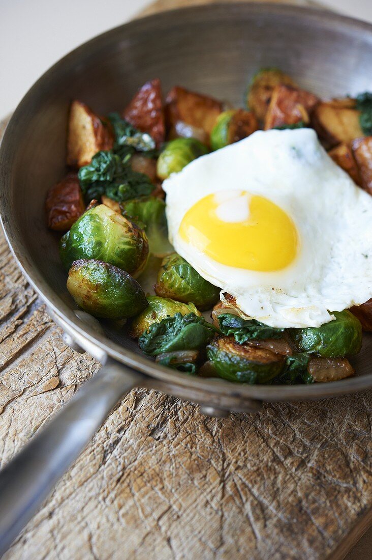 Pan Roasted Potatoes with Brussels Sprouts and Fried Egg