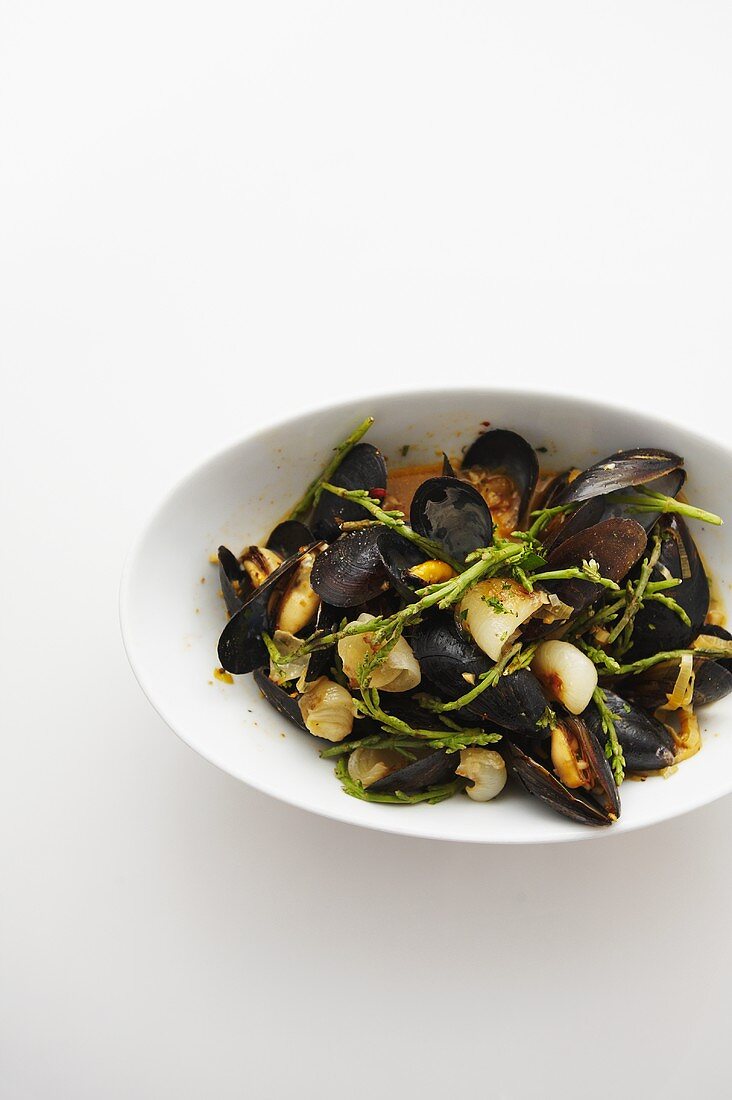 Steamed Mussels in a White Bowl; White Background