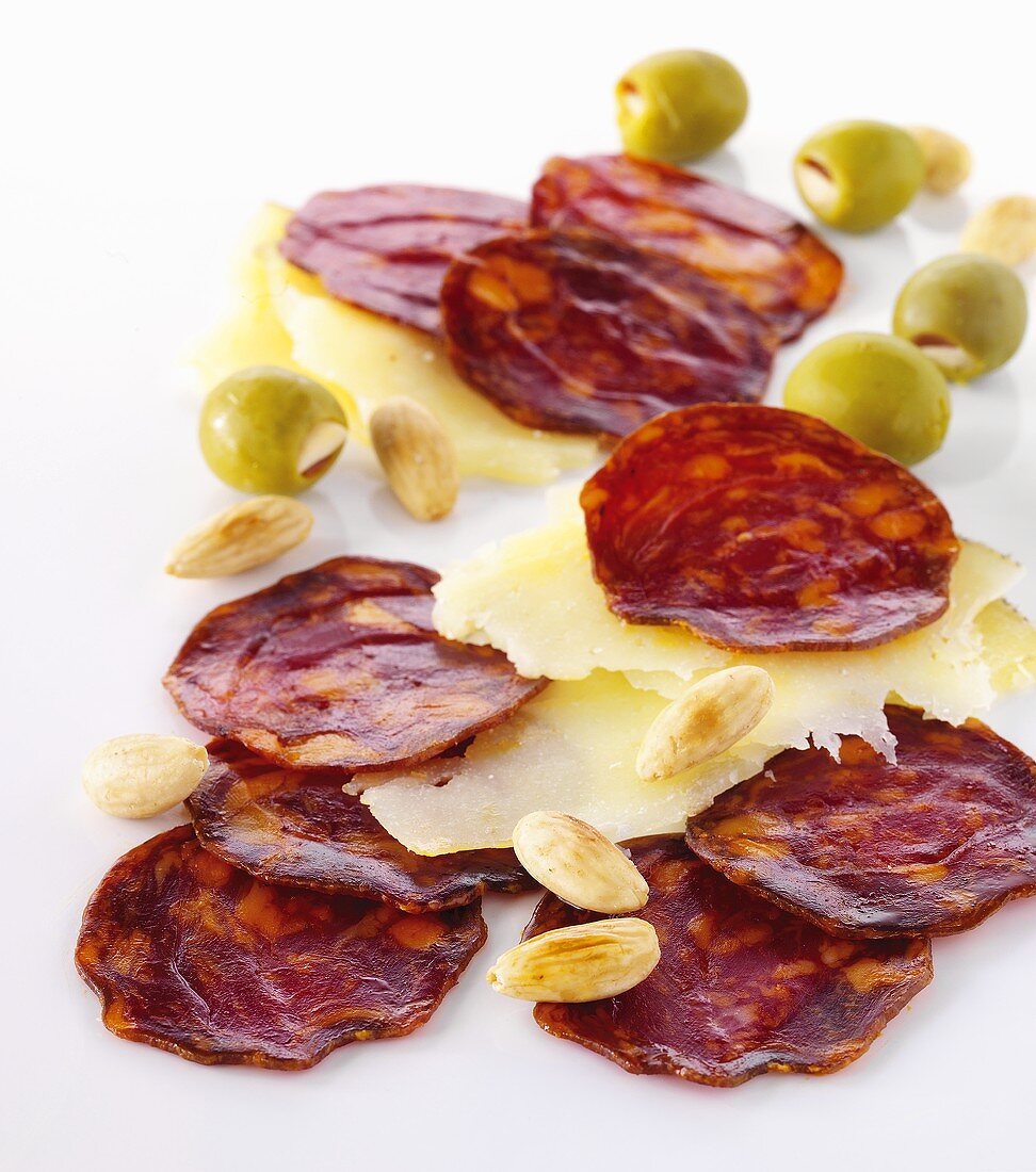 Chorizo, cheese, almonds and olives (spain)