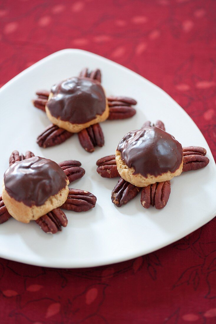 Turtles made with biscuits, caramel and pecans