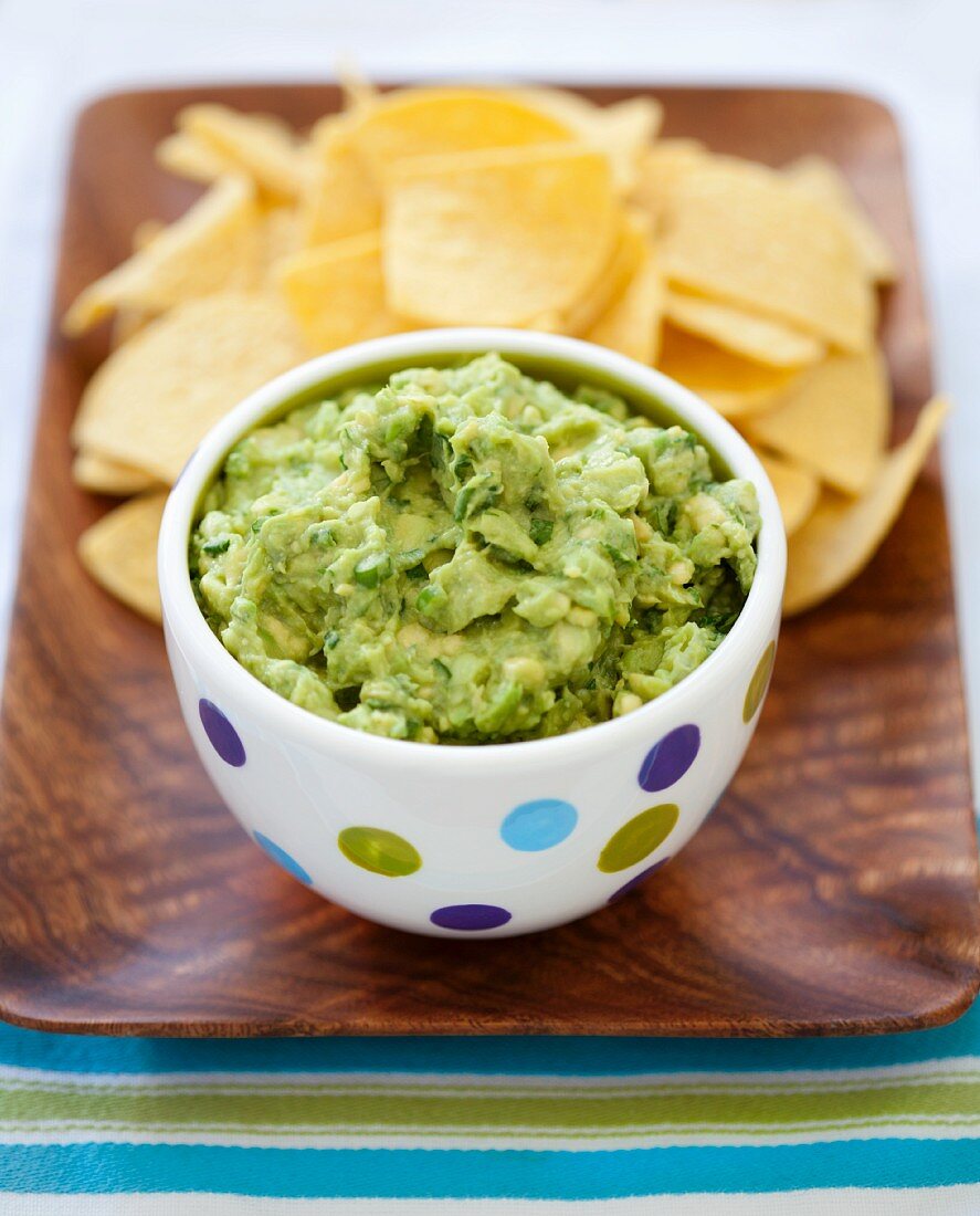 Bowl of Guacamole with Corn Chips