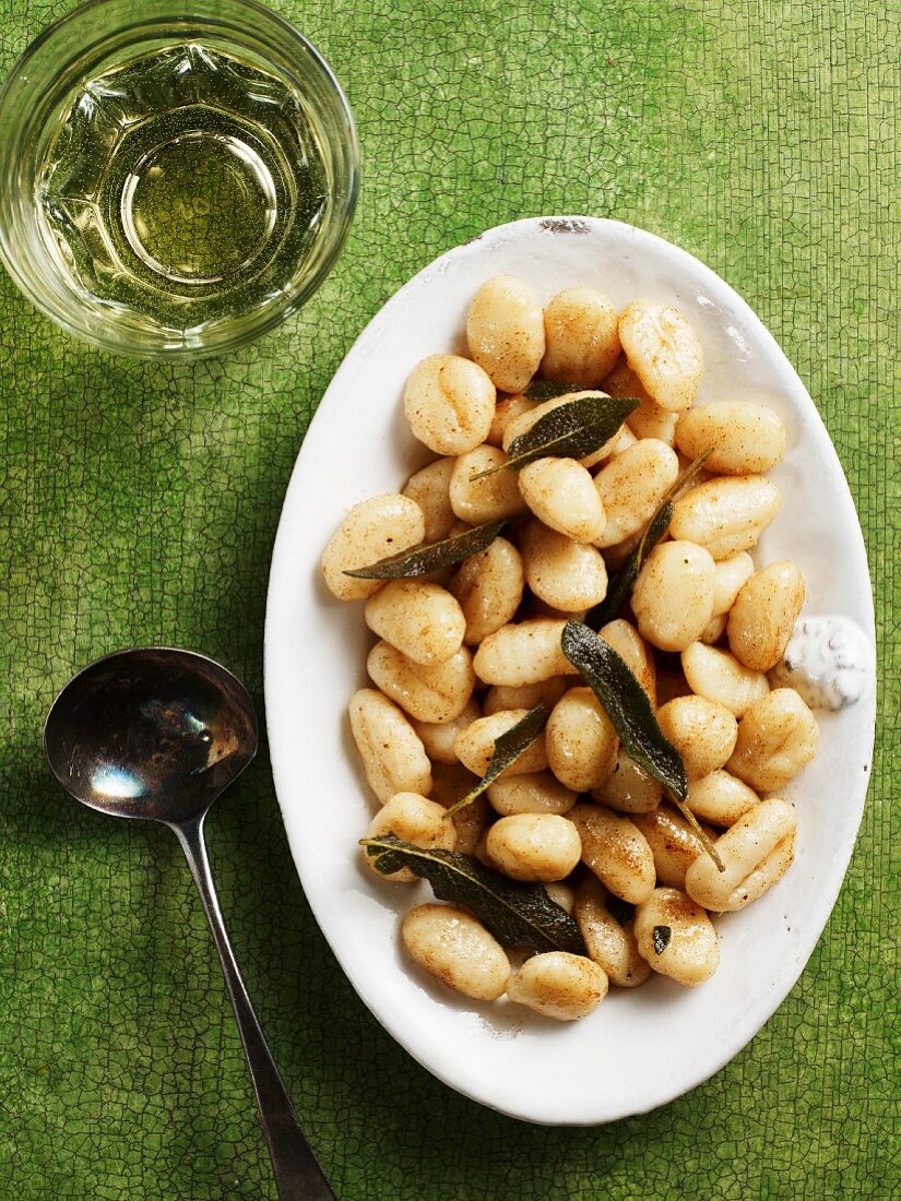 Ricotta gnocci with sage (seen from above)