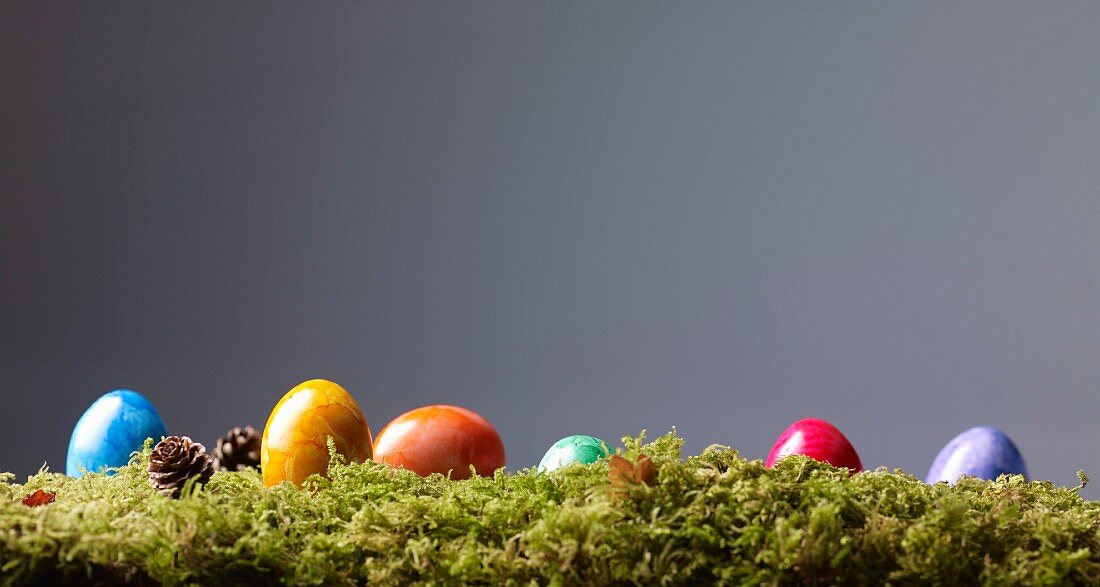 Colourful Easter eggs on moss