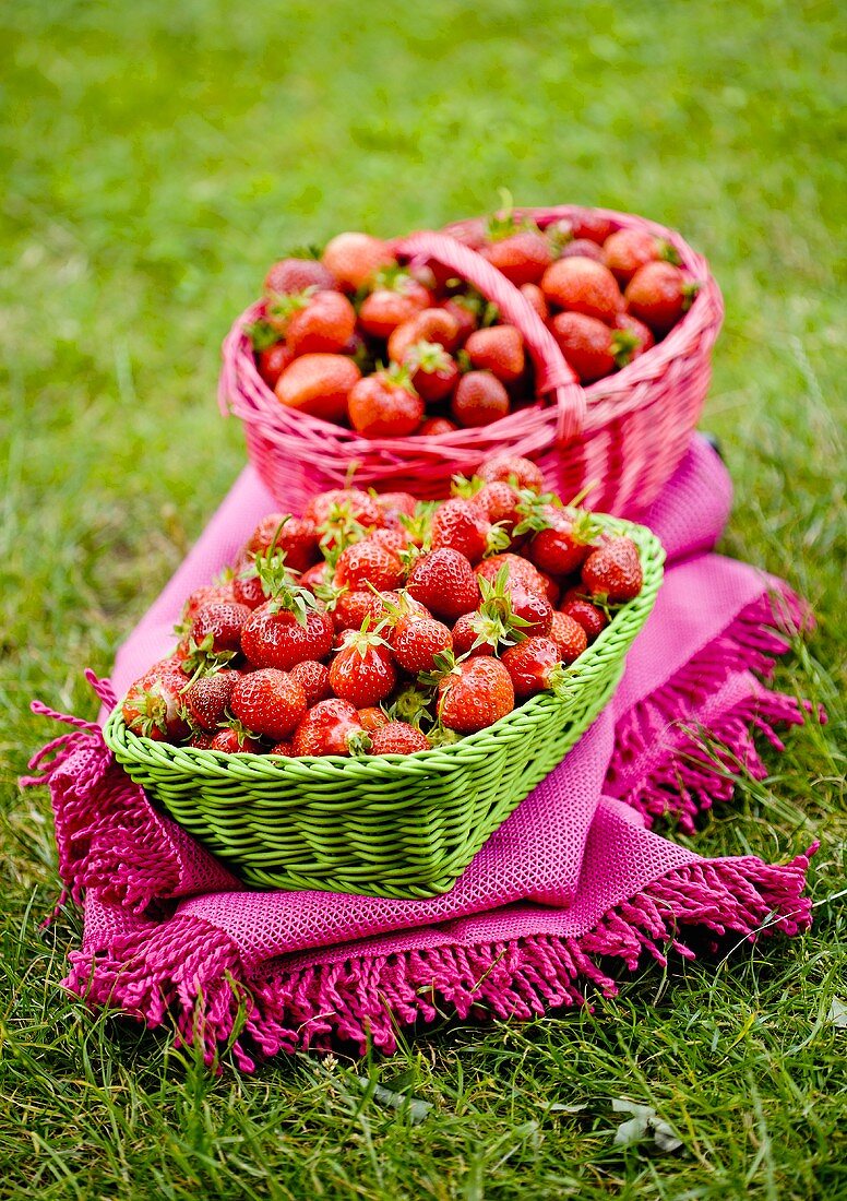 Two baskets of freshly picked strawberries