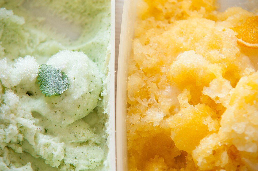 Mint sorbet and orange sorbet