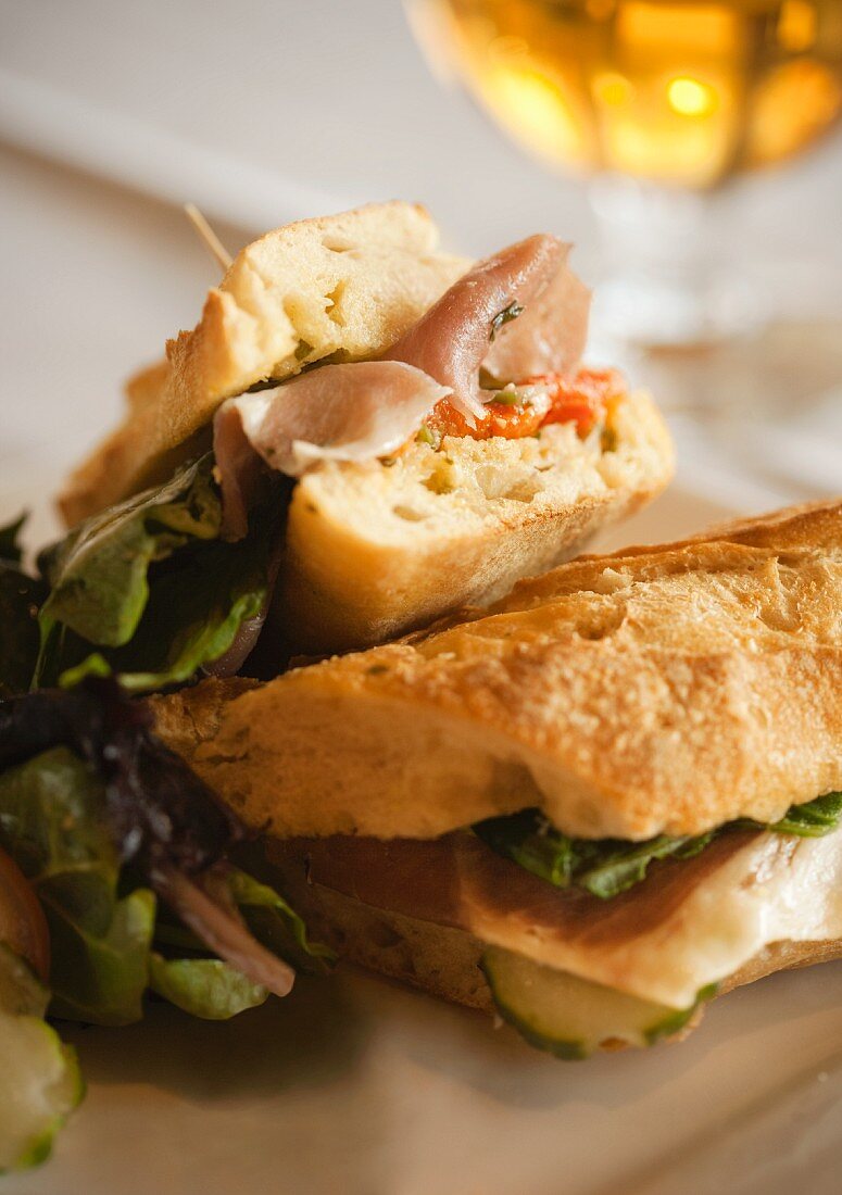 Prosciutto, Red Pepper and Cucumber Sandwich on a Baguette