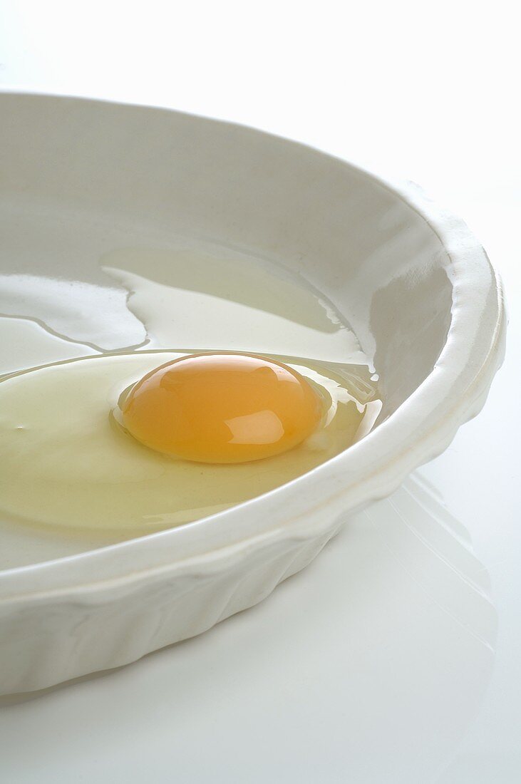 Raw egg broken into shallow dish