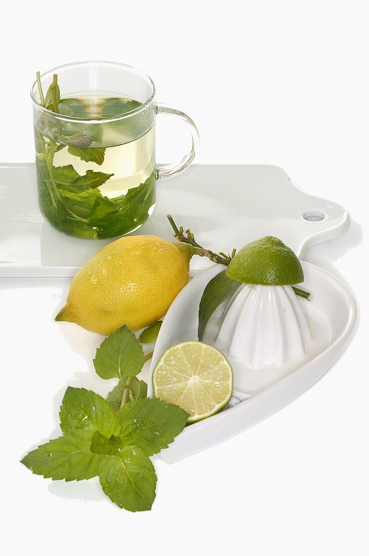 Peppermint tea, lemon, lime and citrus squeezer