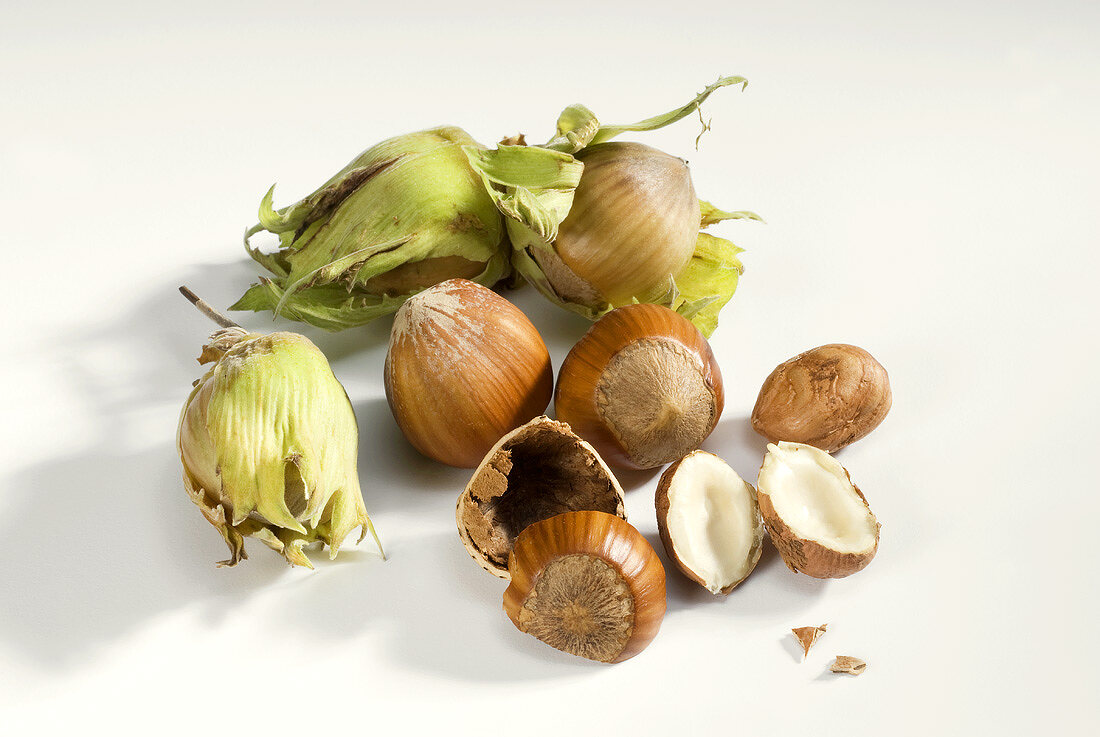 Several hazelnuts, with and without shells