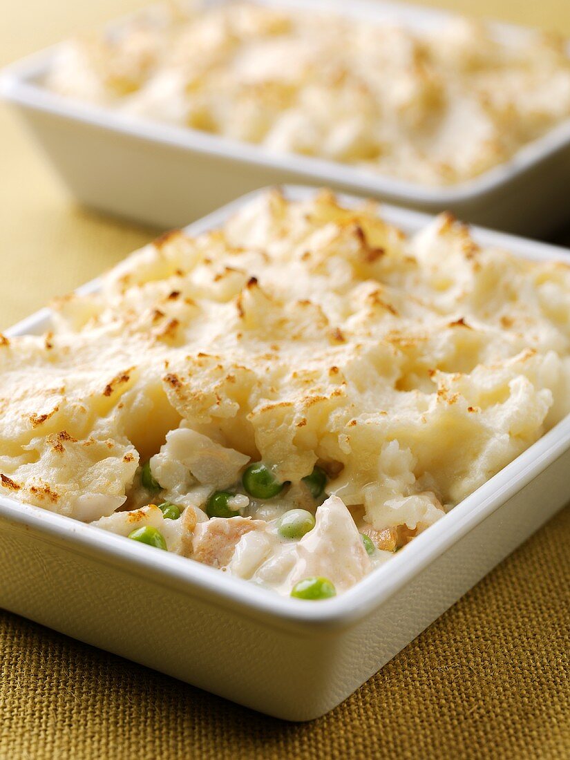 Fish pie in a baking dish (UK)