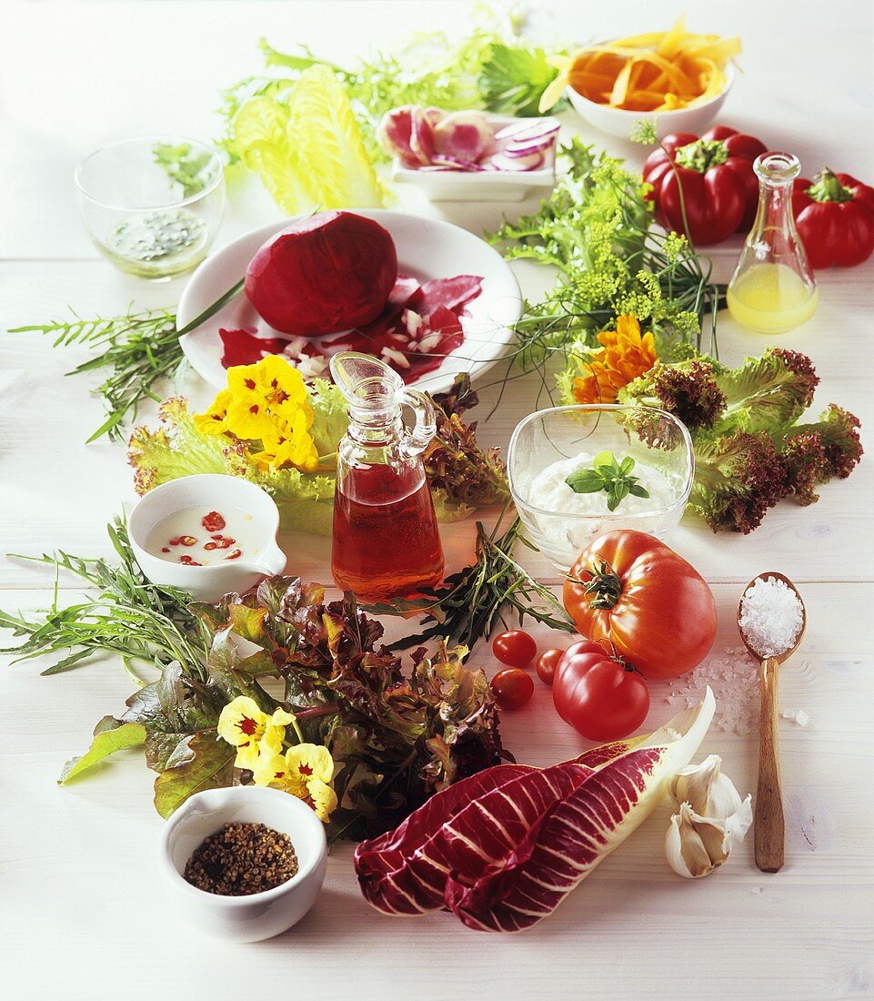 Summer vegetable still life with herbs, salad leaves, seasonings