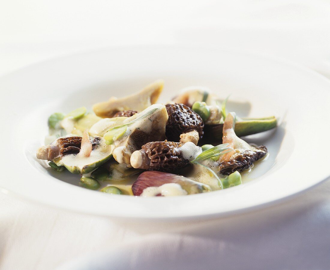 Mushrooms and Thai aubergines with foam sauce