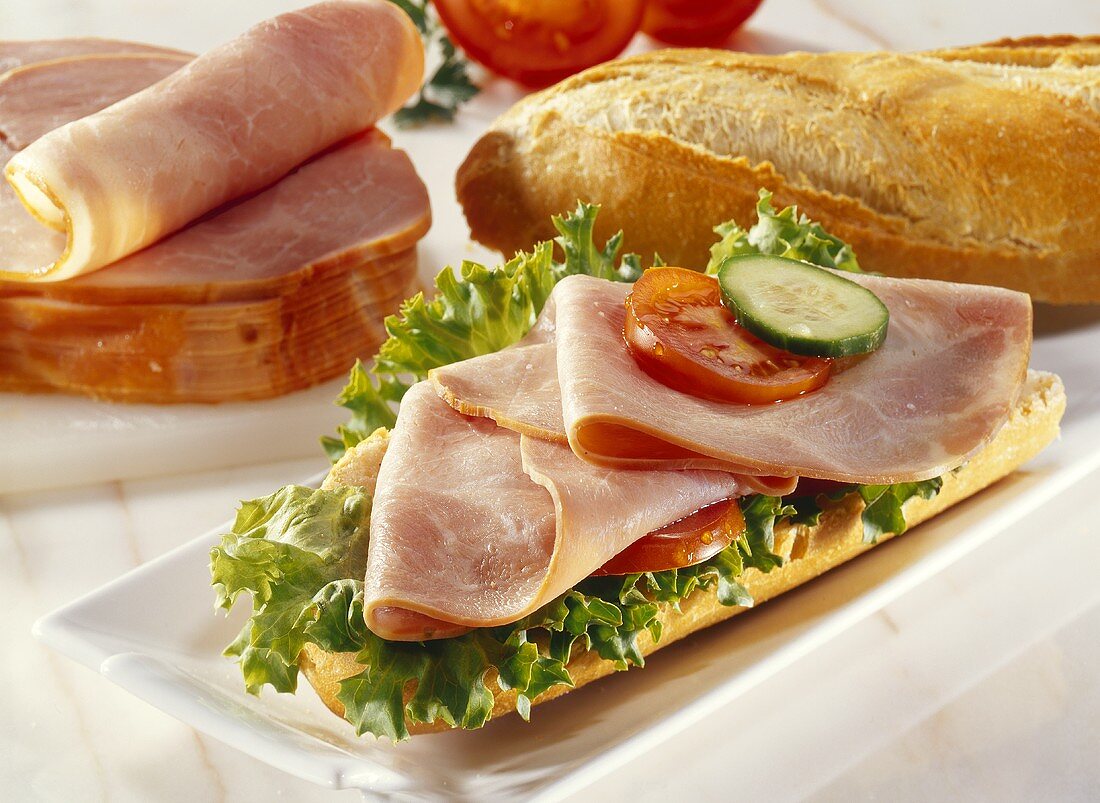 Ham and salad on baguette