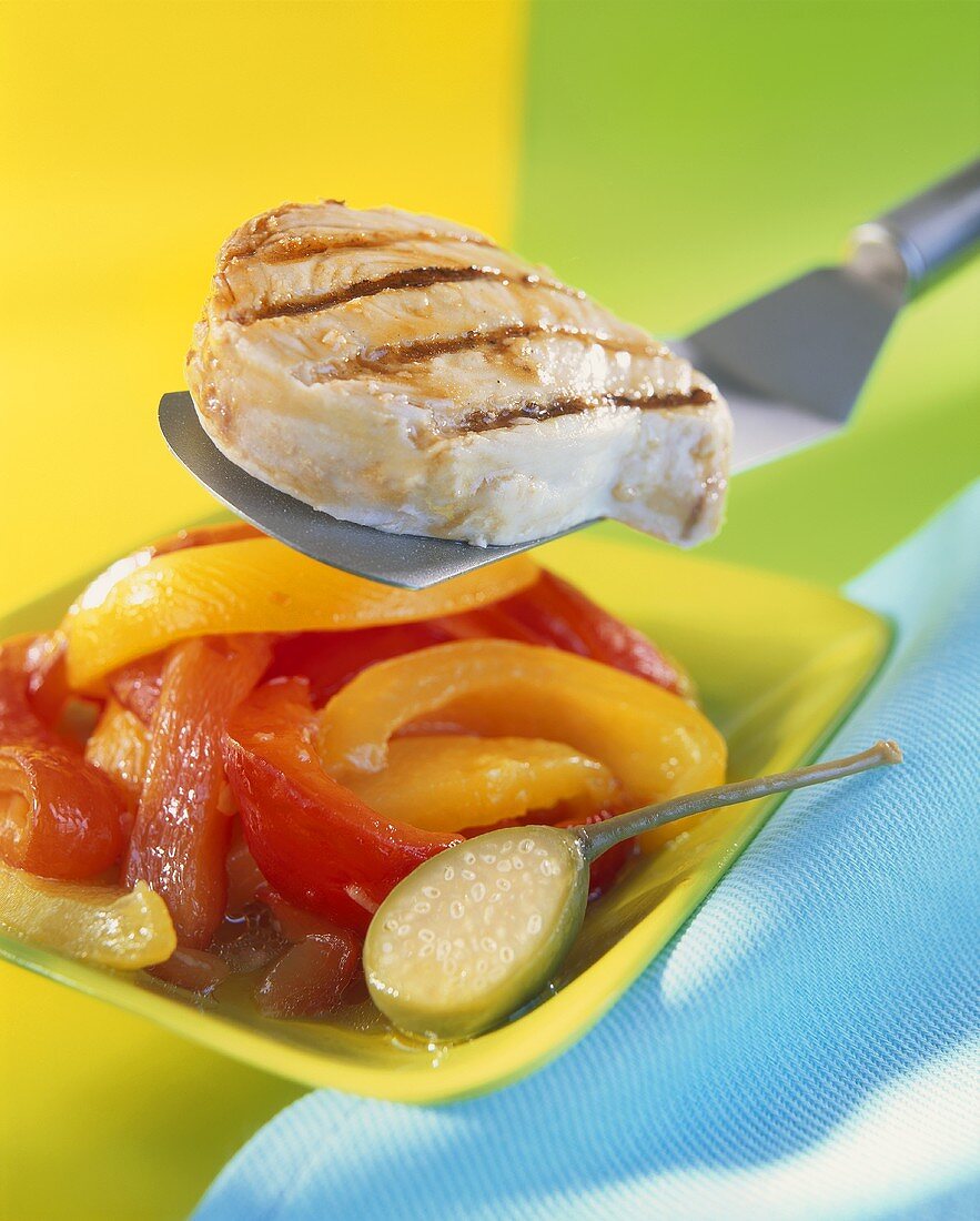 Grilled swordfish with peppers