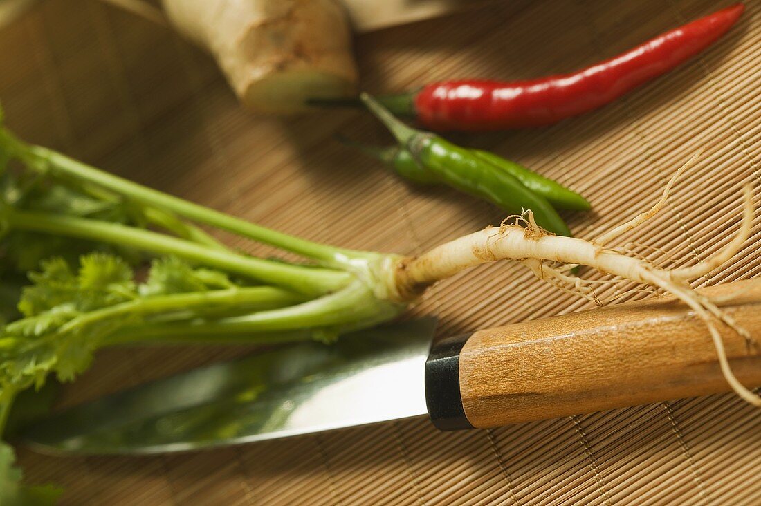 Koriandergrün, Chilischoten und asiatisches Messer