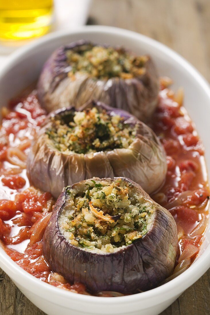 Stuffed Thai aubergines in tomato sauce