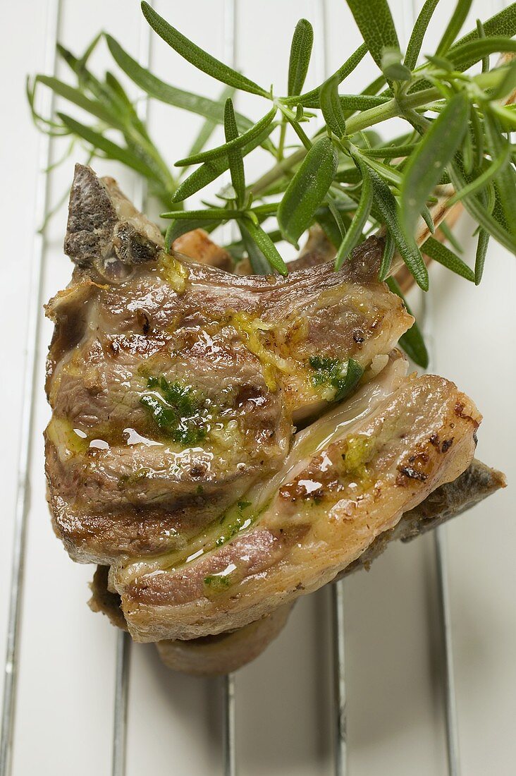 Grilled lamb cutlets with herb oil and rosemary