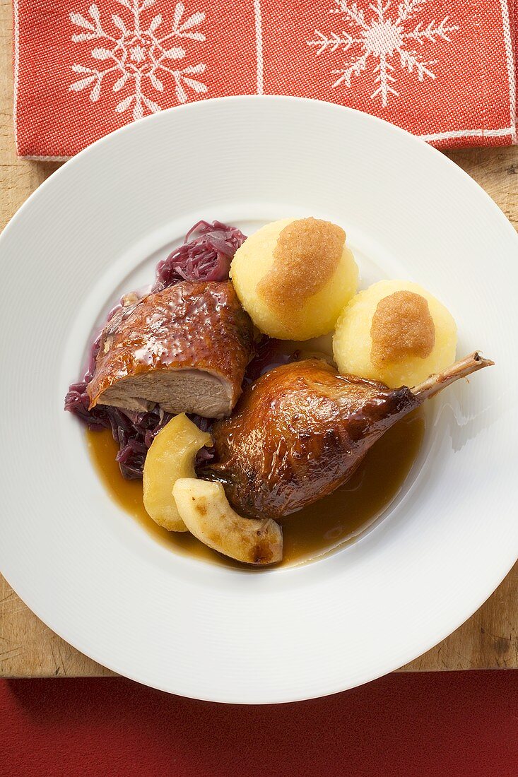 Duck with red cabbage and potato dumplings for Christmas