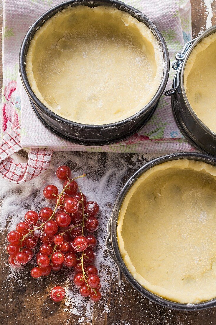 Baking tins lined with pastry, redcurrants