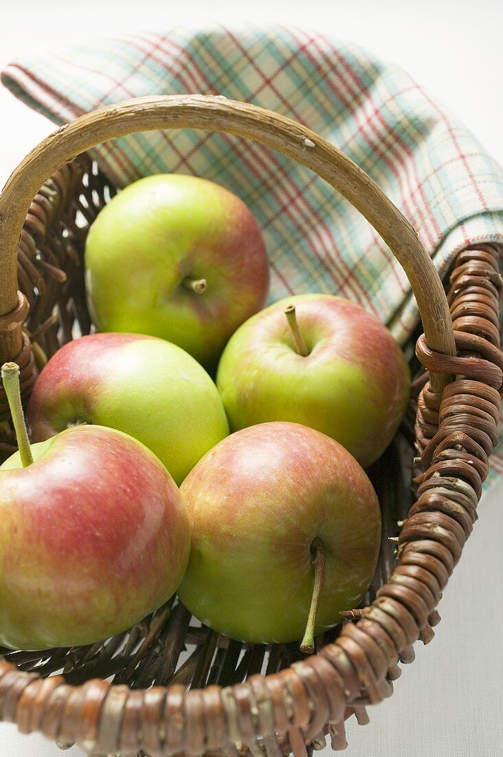 Fünf frische Äpfel im Korb