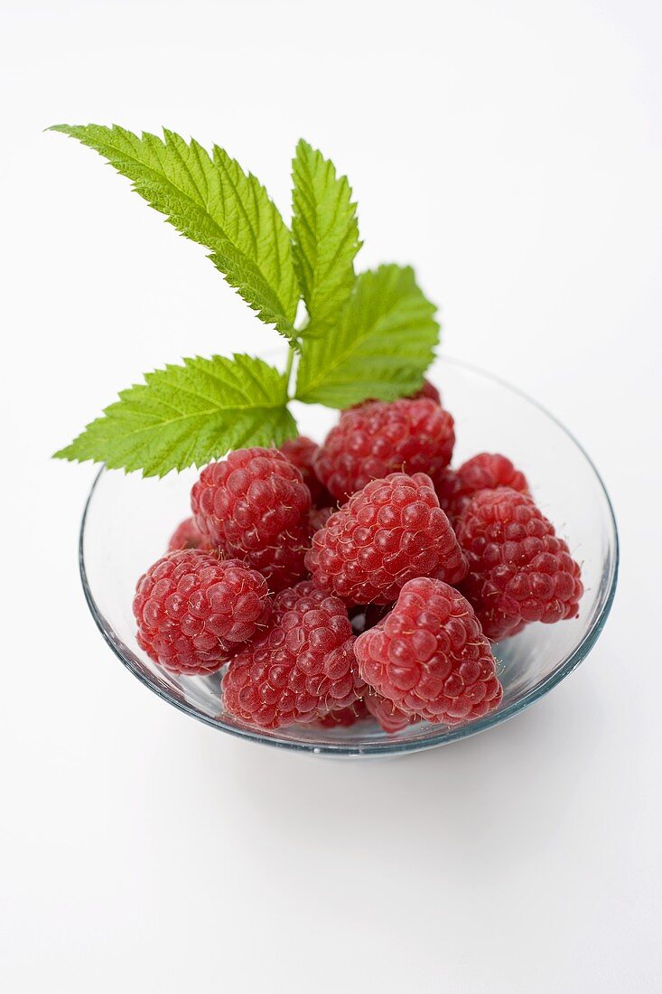 Mehrere Himbeeren mit Blättern in Glasschale