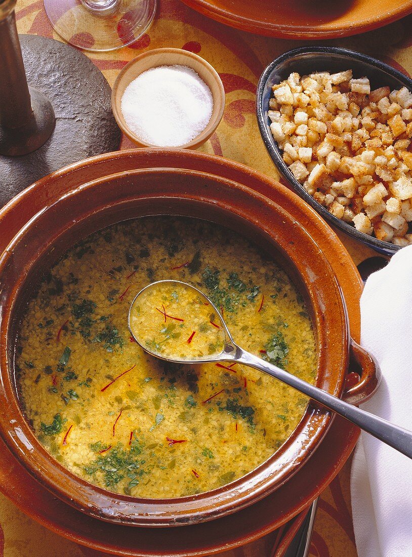 Saffron-Almond Soup with Bread Cubes