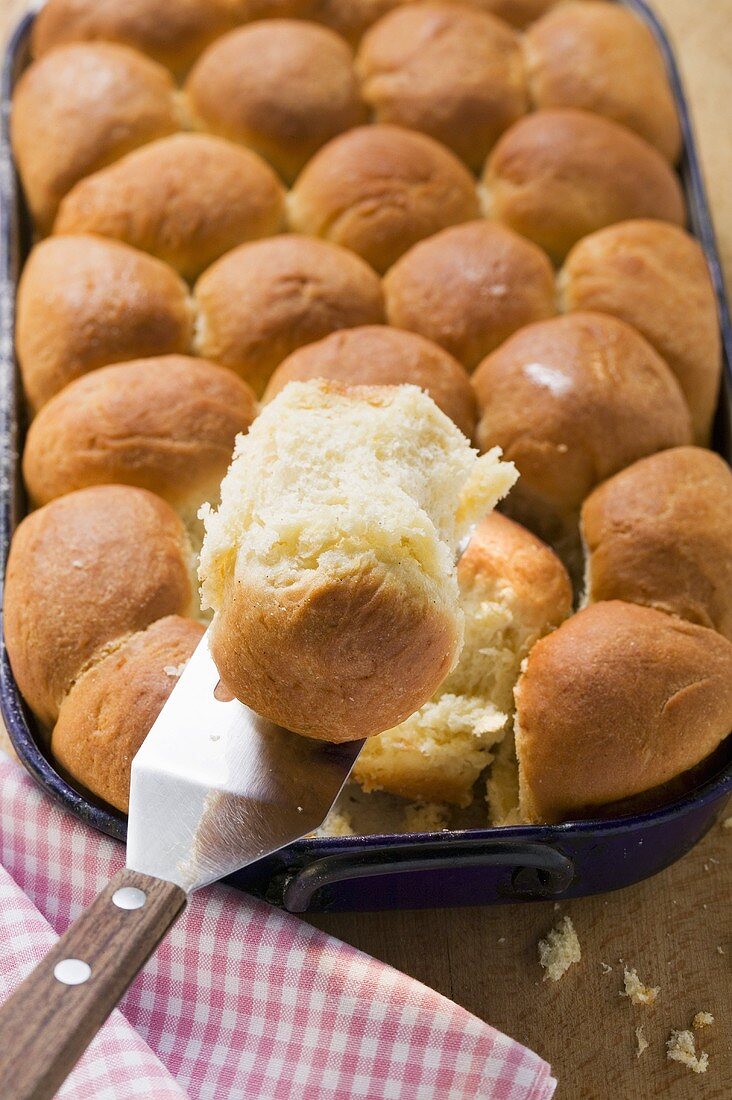 Sweet yeast dumplings (Buchteln) in a roasting tin