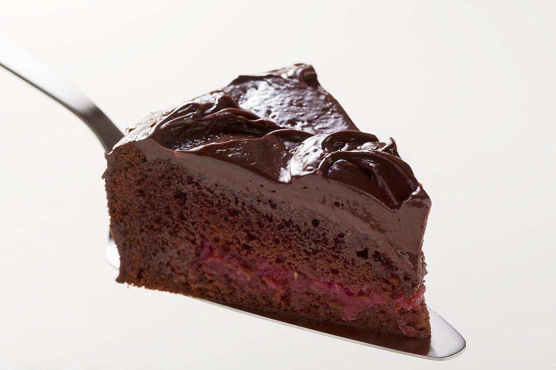 Slice of chocolate cake on cake server