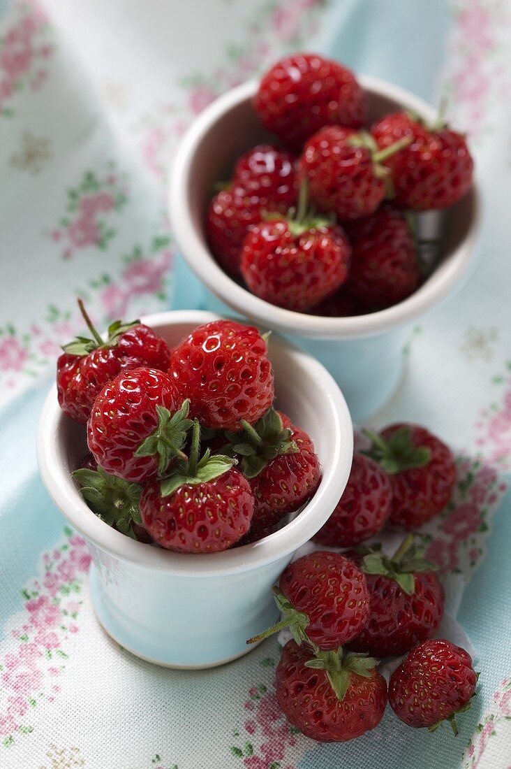 Fresh strawberries in small white pots