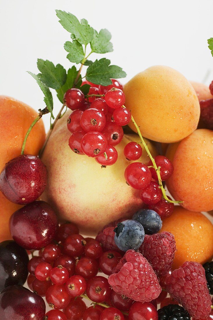 Obststillleben mit Steinobst, Beeren und Blättern