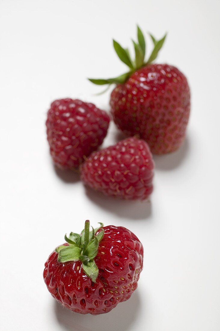 Two strawberries and two raspberries