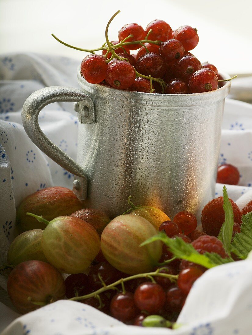 Assorted berries, some in metal cup