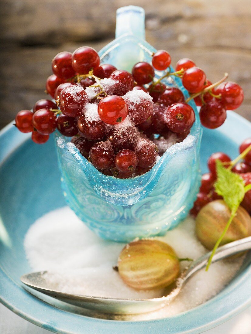 Redcurrants in glass jug, sugar, gooseberries