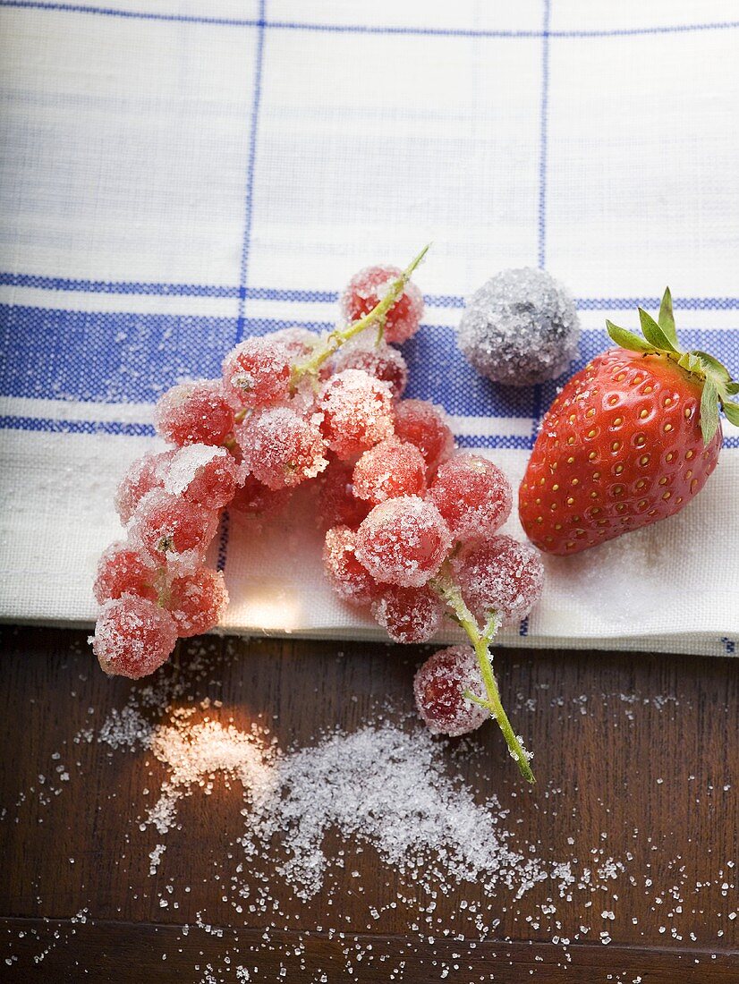 Sugared berries on tea towel (overhead view)