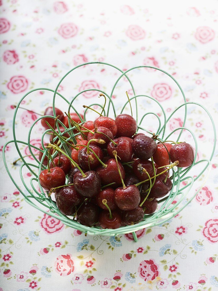 Cherries with drops of water in wire basket
