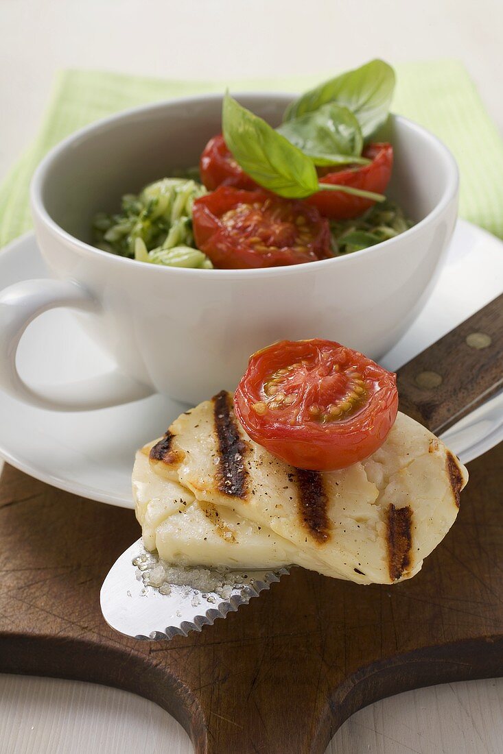 Grilled Haloumi with orzo, basil and tomatoes